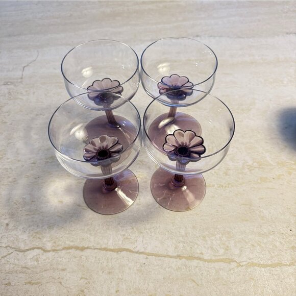 Set Of 4 Vtg. Fostoria Corsage Plum Purple Flower Stem Crystal Champagne Glasses - Picture 7 of 10